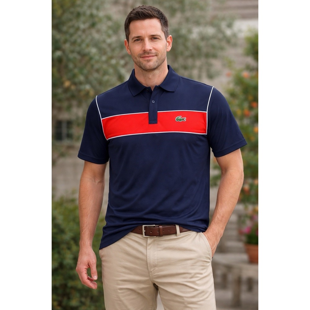 Lacoste Men's Striped Short Sleeve Polo Shirt Navy Blue White Classic Fit Size 8